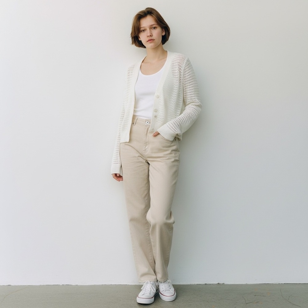UNIQLO‎ Womens Cream Crochet Knit Cardigan Sweater Long Sleeve